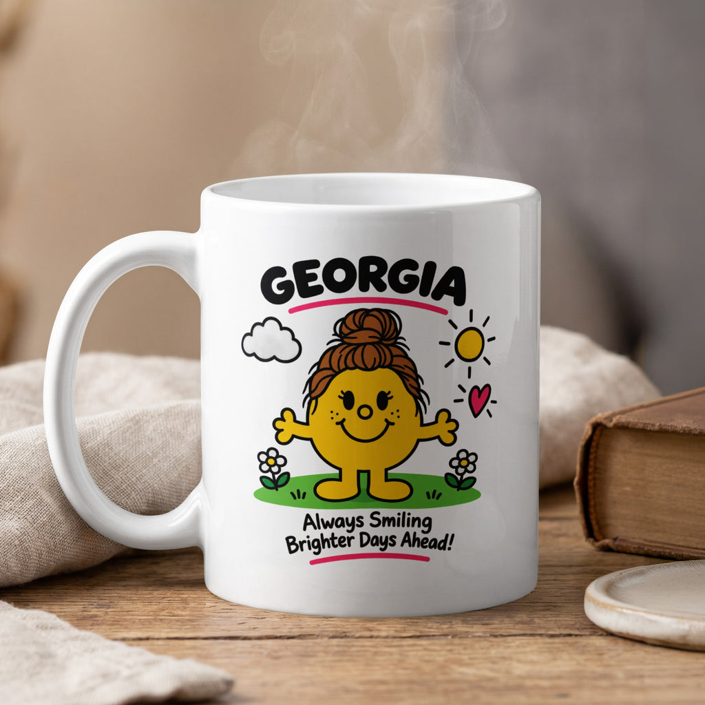 White mug with "GEORGIA" and a cartoon character with text "Always Smiling Brighter Days Ahead!".