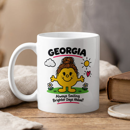 White mug with "GEORGIA" and a cartoon character with text "Always Smiling Brighter Days Ahead!".