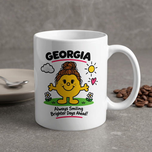 White mug with "GEORGIA" and a smiling character, text "Always Smiling Brighter Days Ahead!"