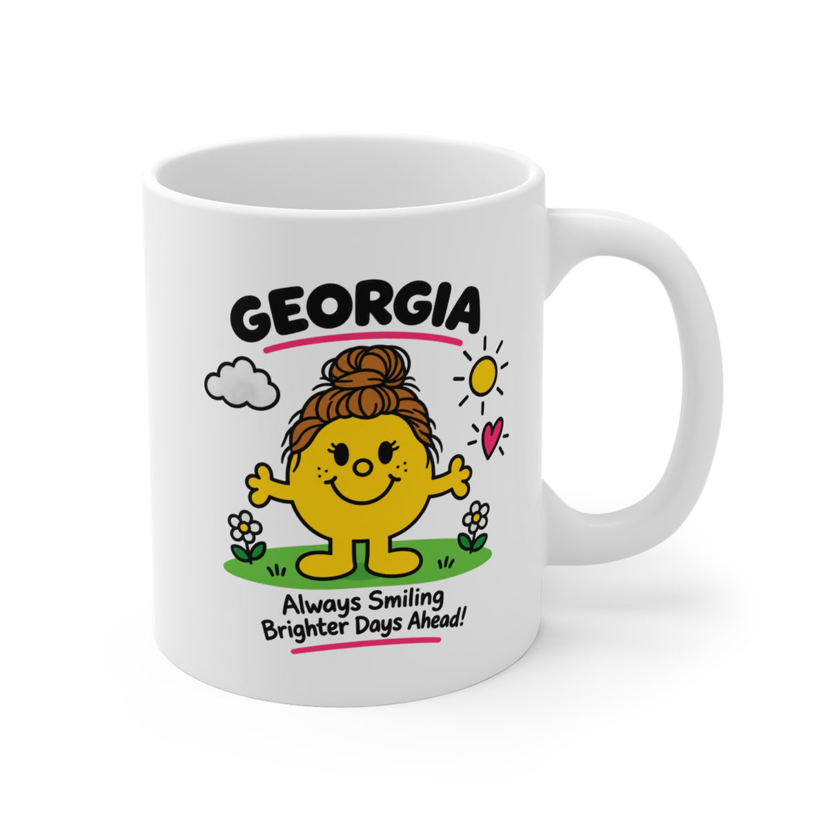 White mug with "GEORGIA" text and a smiling yellow character saying "Always Smiling Brighter Days Ahead!"