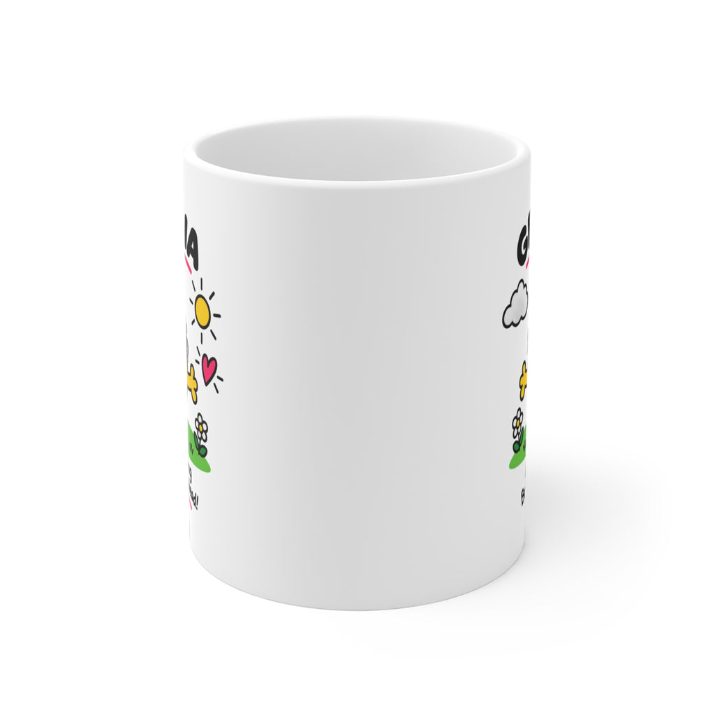 White mug with "Grana" text and cartoon sun, clouds, flowers, and hearts.