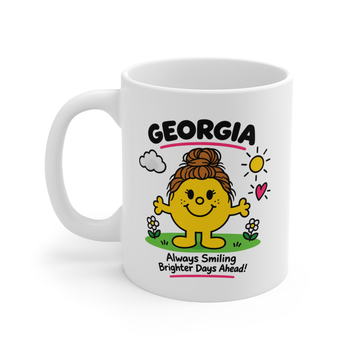White mug with "GEORGIA" and a cartoon character with text "Always Smiling Brighter Days Ahead!"
